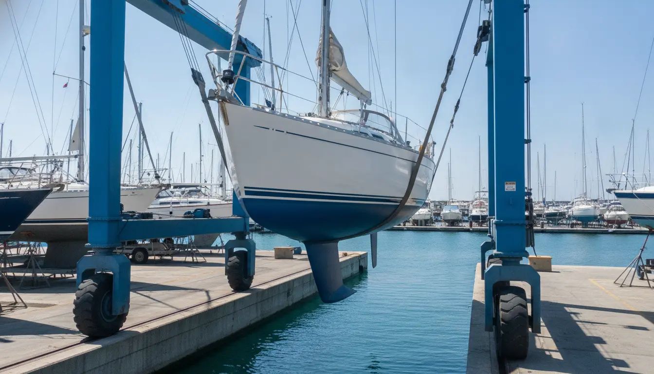 Sortie d'eau d'un bateau au travel-lift avant transport par la route